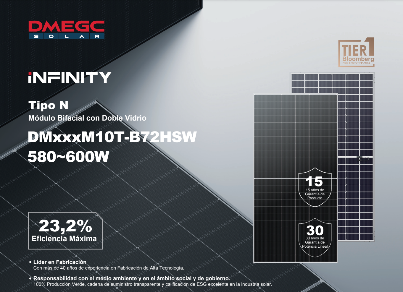 Compra de Contenedor de paneles fotovoltaicos Dmegc Bifacial DM580M10T-B72HSW N-Type con Doble Cristal – 580W para Máxima Eficiencia Solar